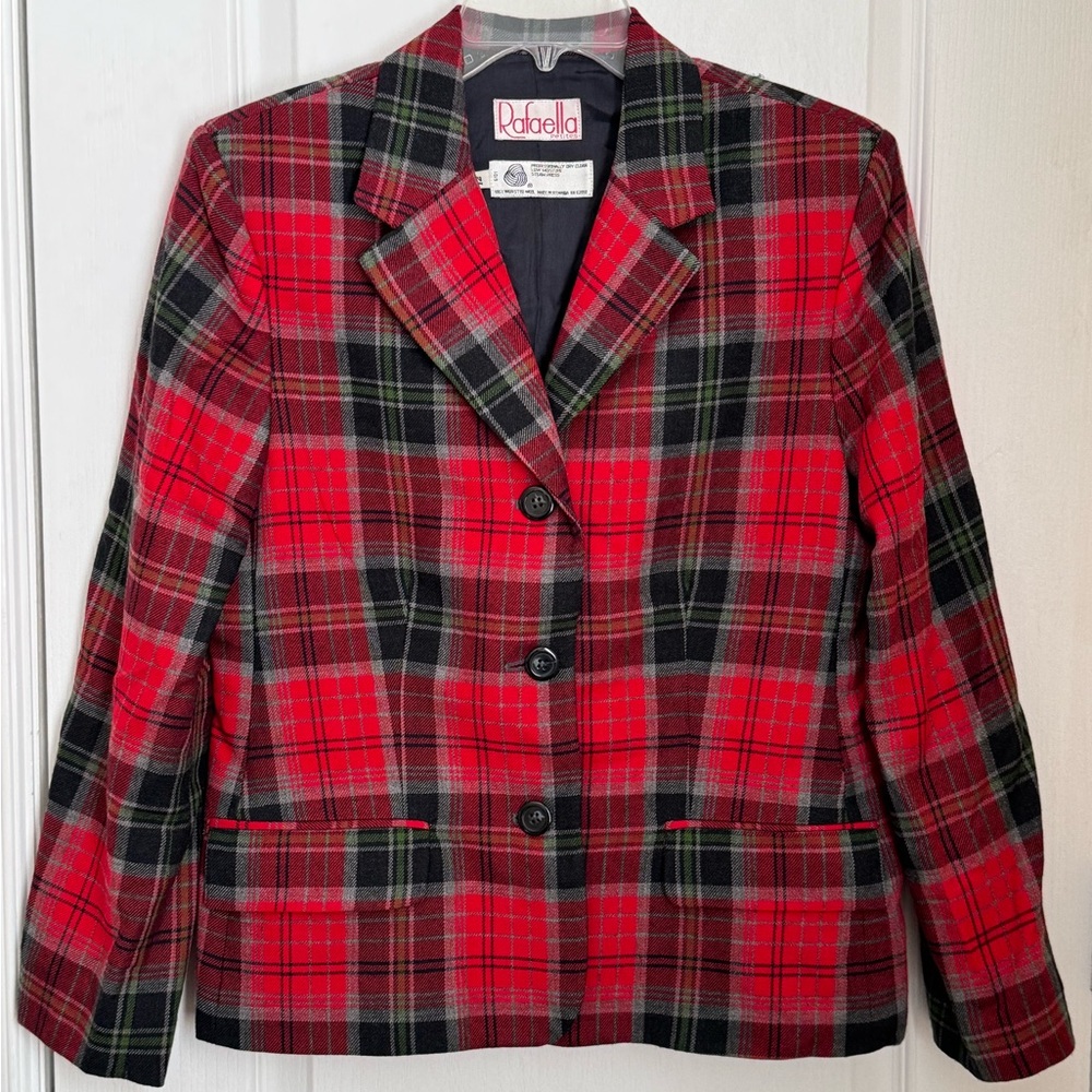 WOOL BLAZER. VINTAGE RED TARTAN PLAID JACKET. 100% WOOL. RAFAELLA. Size 12Petite